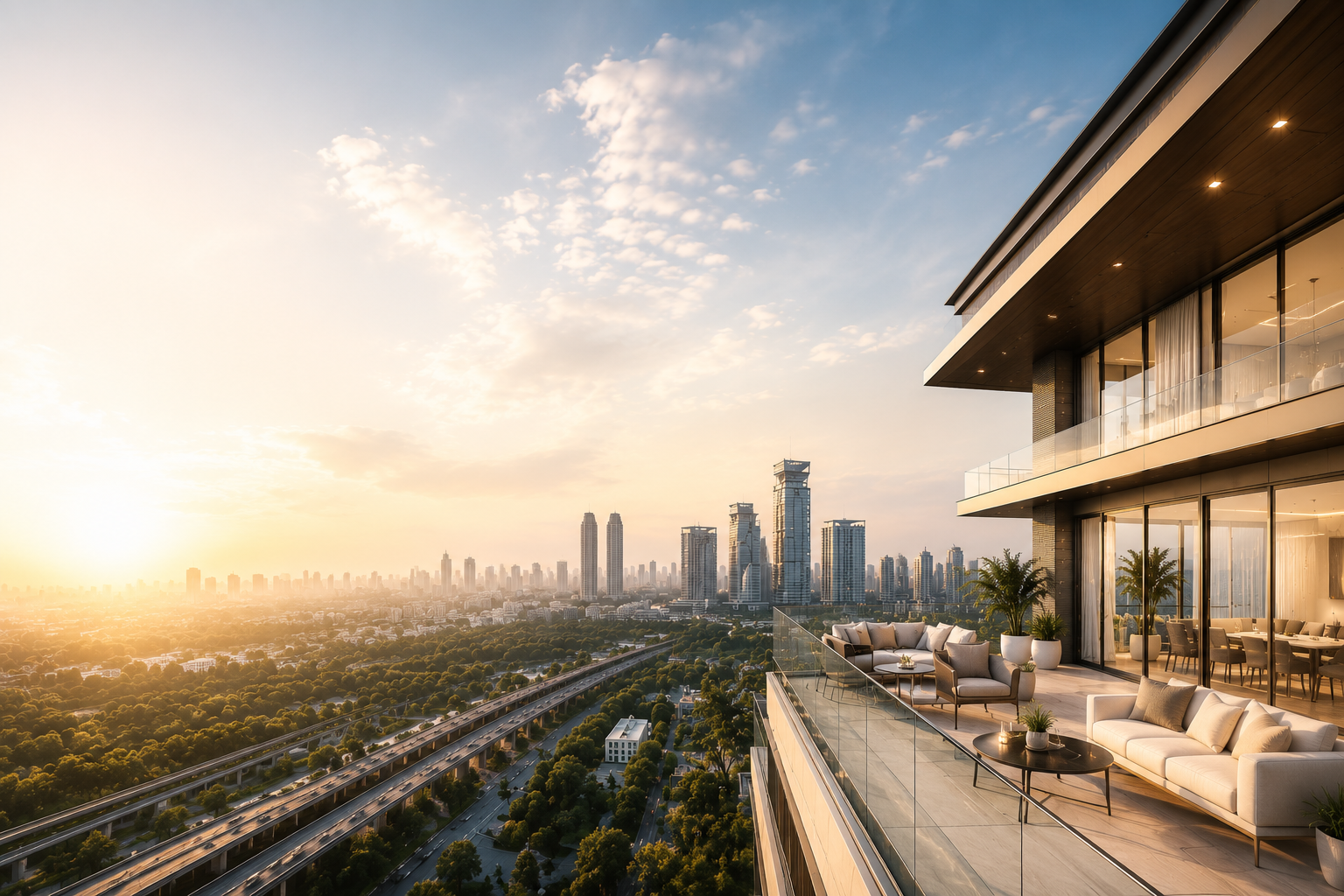 Luxury penthouse terrace overlooking the Gurgaon skyline at golden hour